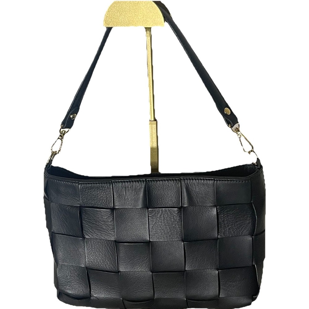Anna Paola Woven Black Leather Handbag Italy Gold Tone Top Handle Purse‎